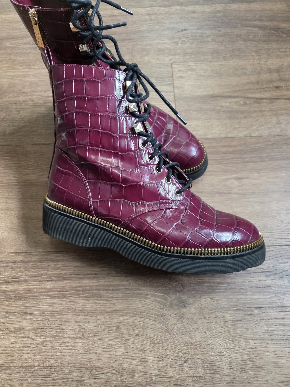 Michael Kors Women's Croc-Embossed Lace-Up Ankle Boots in Burgundy